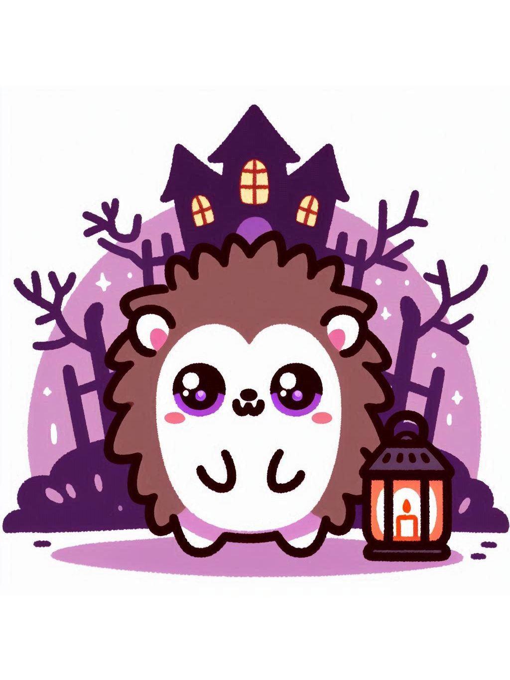 halloween cute animals drawings: A cute hedgehog dressed in a purple costume with spooky eyes, surrounded by a whimsical haunted backdrop.